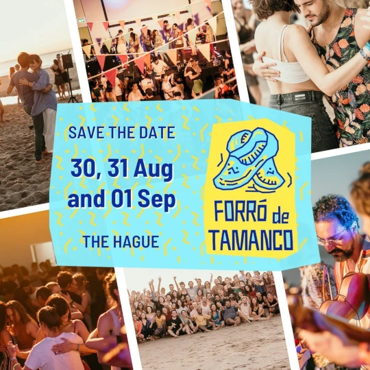 Flyer of Forró de Tamanco in Den Haag with a save the date and a backdrop of people dancing on the beach.
